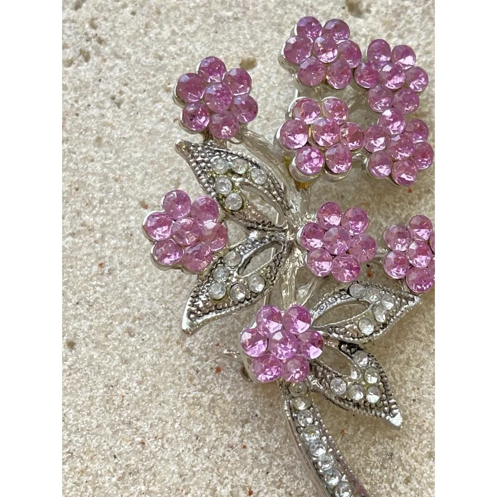 Vintage Pink‎ Rhinestone Flower Spray Brooch Silver Tone Floral Spring Romantic